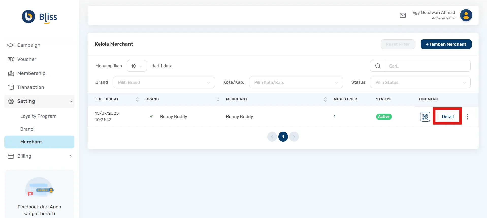 menambah akses user berchant Bliss